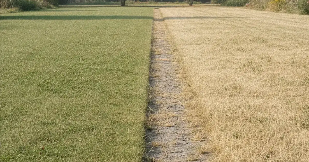 Pelouse de fin d'été dont une moitié reste verte et l'autre est jaunie par la sécheresse