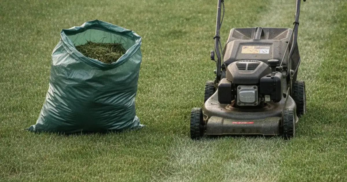 Tondeuse à l'arrêt en bordure d'une pelouse tondue, bordure nette et déchets verts en sac