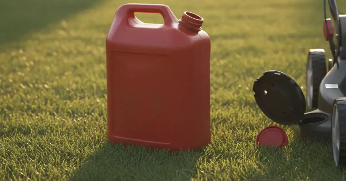 Bidon d'essence rouge posé sur l'herbe à côté d'une tondeuse thermique, réservoir ouvert