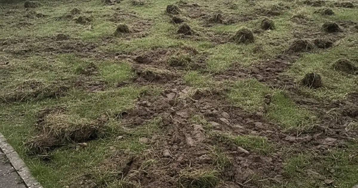 Pelouse retournée en larges plaques de terre nue par des sangliers, mottes d'herbe renversées