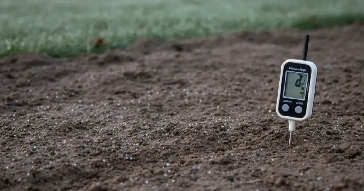 Thermomètre à sonde planté dans la terre nue d'une planche préparée pour un semis, au petit matin