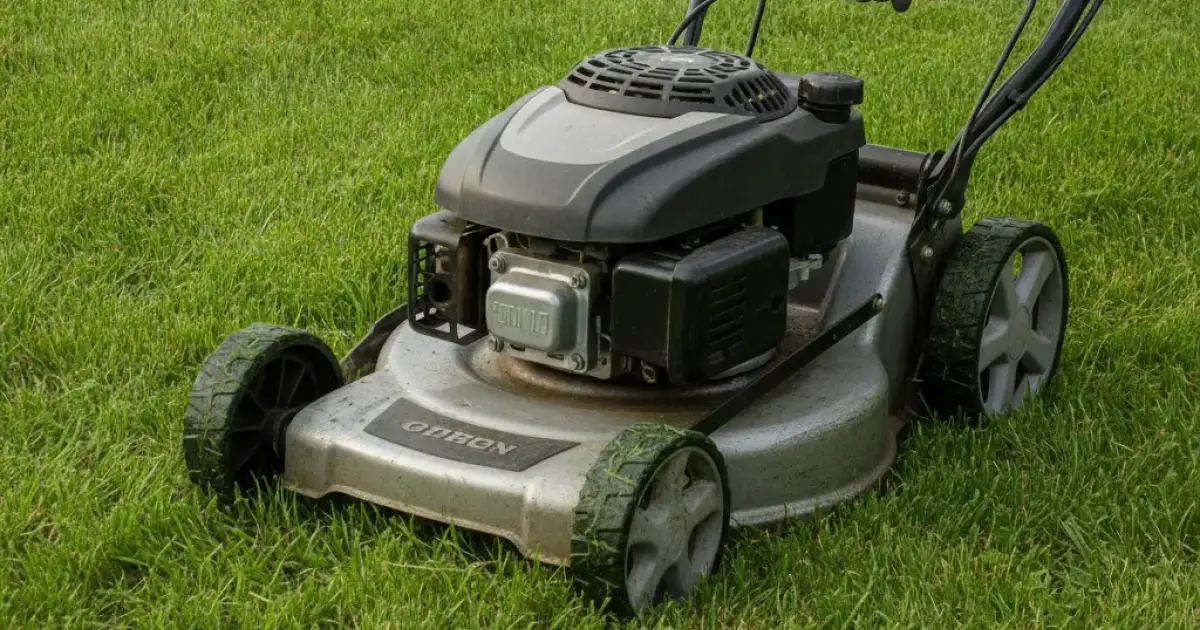 Main sur la poignée du lanceur d'une tondeuse thermique posée sur une pelouse, capot moteur visible
