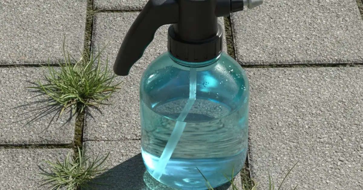 Pulvérisateur de jardin posé sur des pavés où poussent quelques herbes indésirables entre les joints